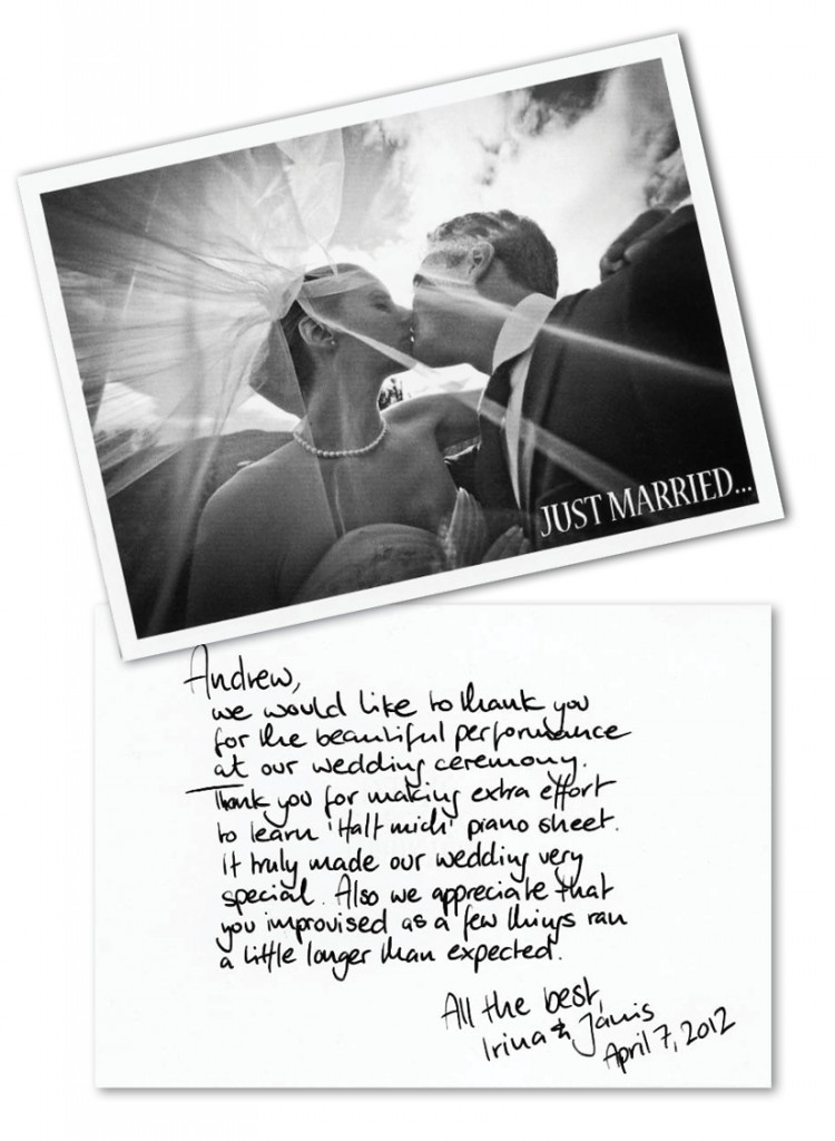 Client Thank-you card for Ceremony pianist